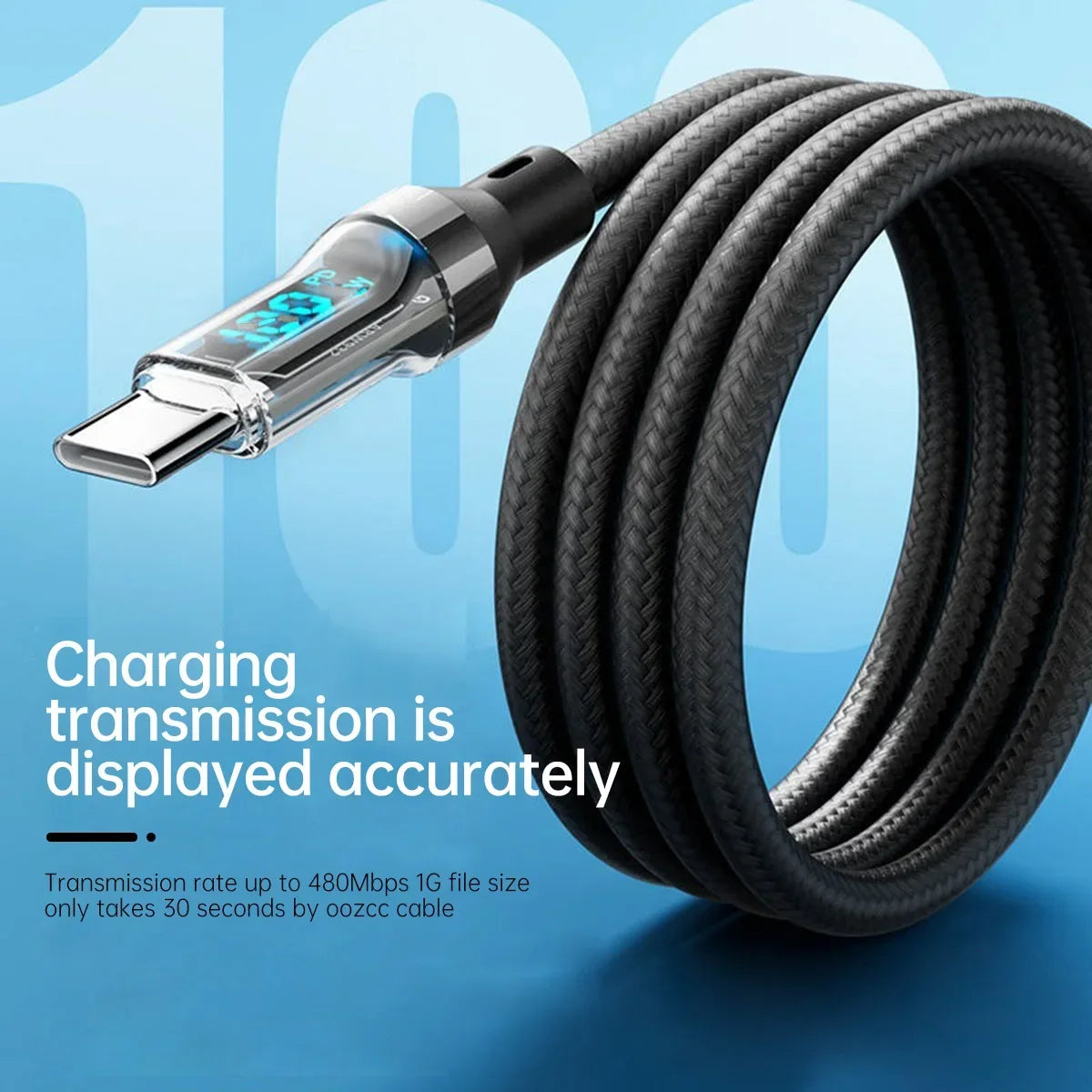 120W 5A USB-A to USB-C Fast Charging Cable with LCD Display