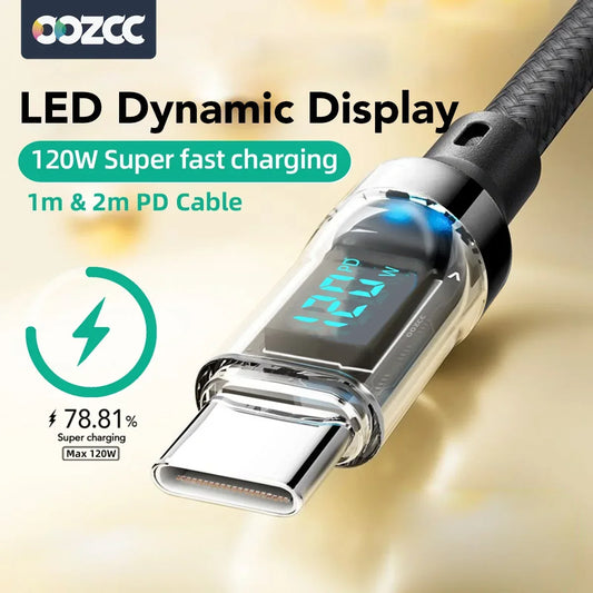 120W 5A USB-A to USB-C Fast Charging Cable with LCD Display